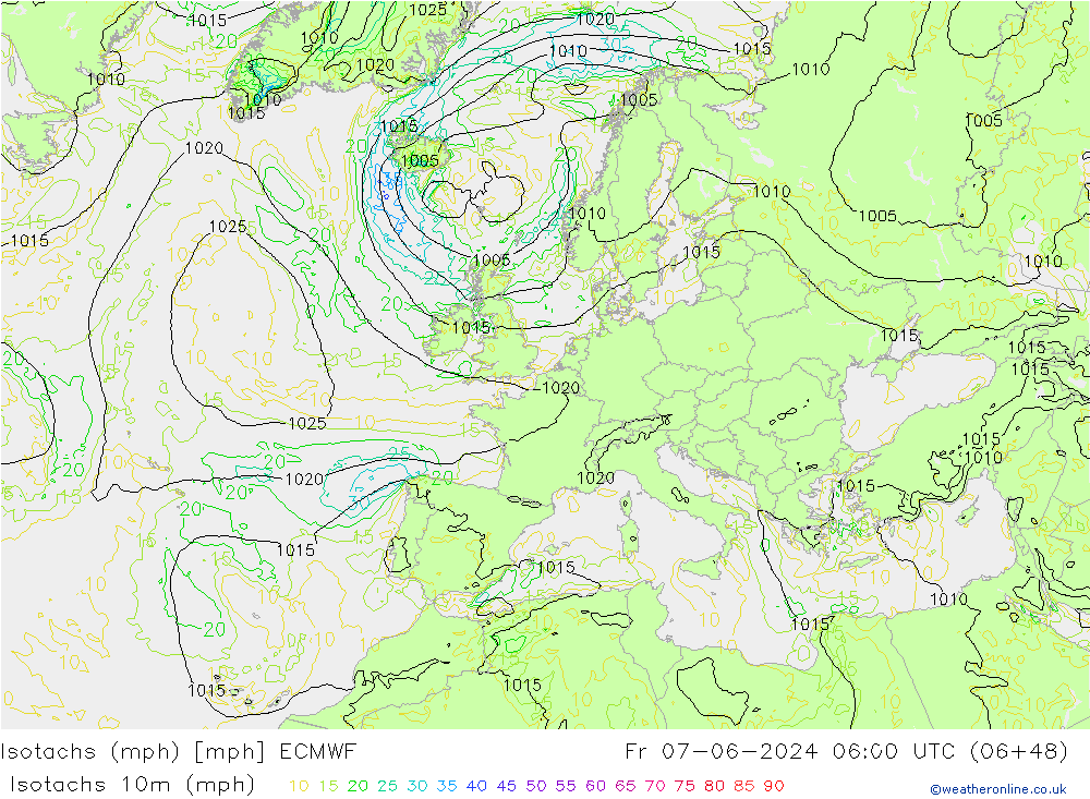 Isotachs (mph) ECMWF ven 07.06.2024 06 UTC