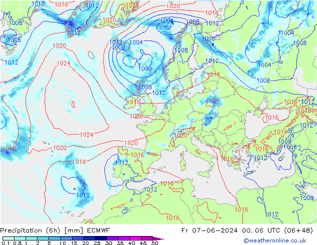 Z500/Rain (+SLP)/Z850 ECMWF vie 07.06.2024 06 UTC