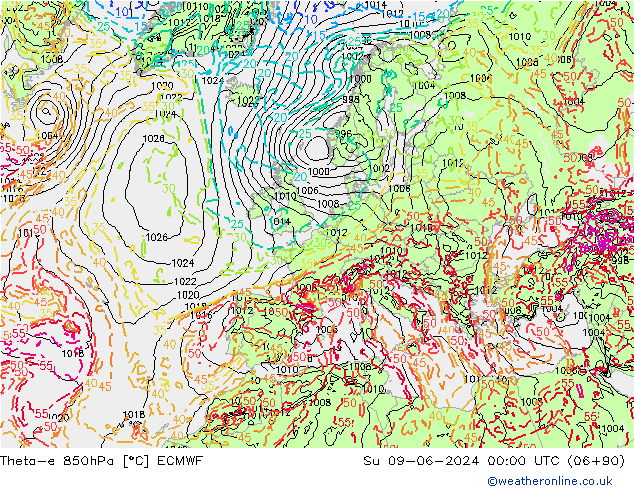 Theta-e 850hPa ECMWF Su 09.06.2024 00 UTC