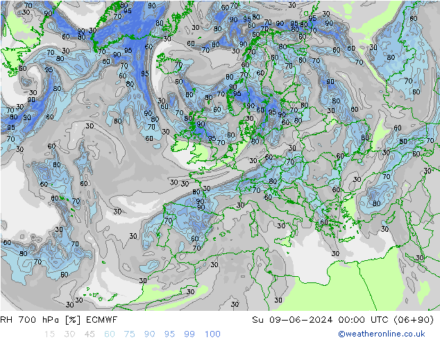 RH 700 гПа ECMWF Вс 09.06.2024 00 UTC