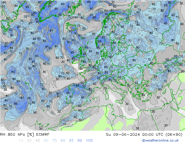 RH 850 hPa ECMWF Su 09.06.2024 00 UTC