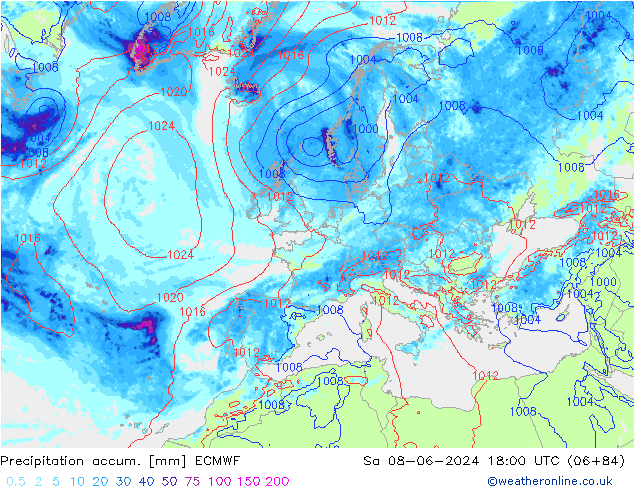 Precipitation accum. ECMWF Sa 08.06.2024 18 UTC