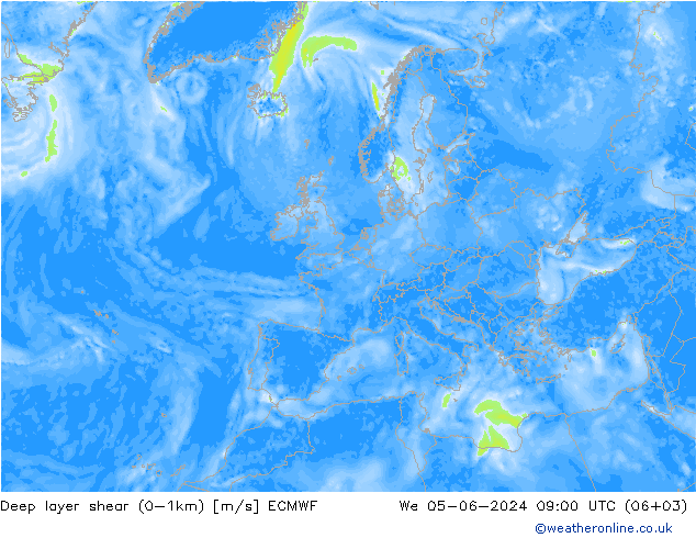 Deep layer shear (0-1km) ECMWF St 05.06.2024 09 UTC