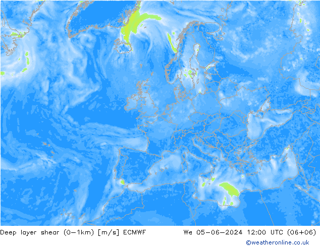 Deep layer shear (0-1km) ECMWF mer 05.06.2024 12 UTC