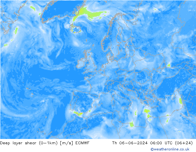 Deep layer shear (0-1km) ECMWF Qui 06.06.2024 06 UTC