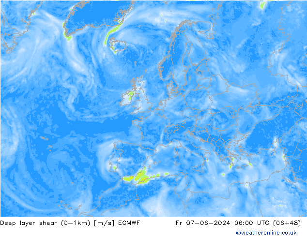 Deep layer shear (0-1km) ECMWF Fr 07.06.2024 06 UTC