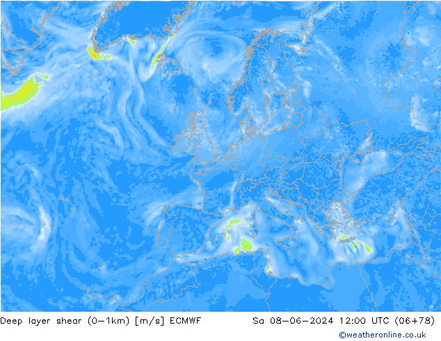 Deep layer shear (0-1km) ECMWF Cts 08.06.2024 12 UTC