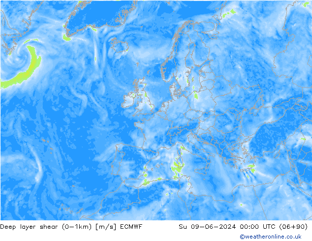 Deep layer shear (0-1km) ECMWF Вс 09.06.2024 00 UTC