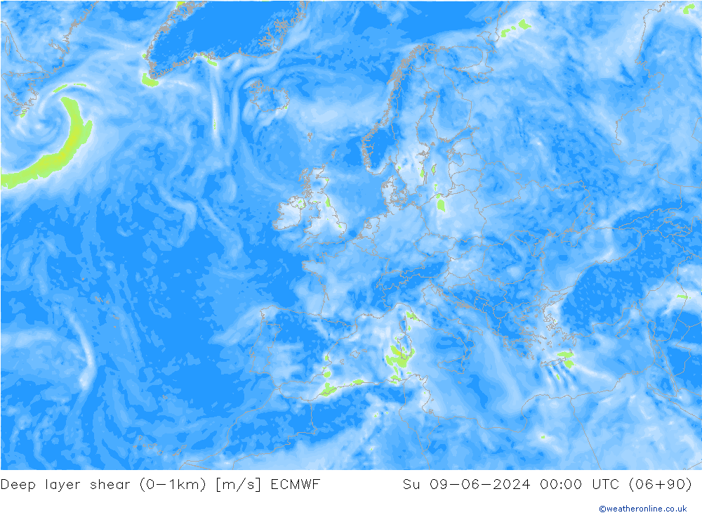 Deep layer shear (0-1km) ECMWF Paz 09.06.2024 00 UTC