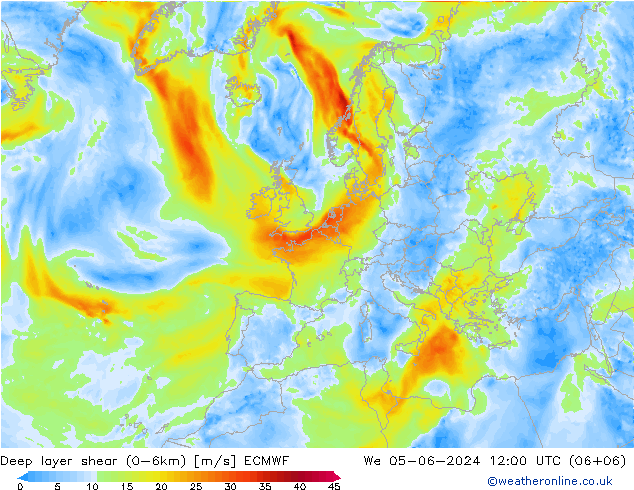 Deep layer shear (0-6km) ECMWF  05.06.2024 12 UTC