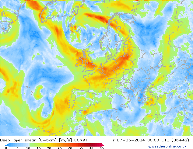 Deep layer shear (0-6km) ECMWF vr 07.06.2024 00 UTC