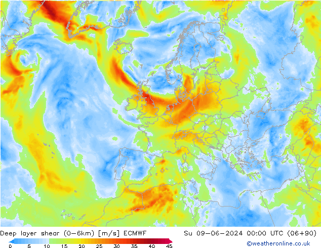 Deep layer shear (0-6km) ECMWF Dom 09.06.2024 00 UTC