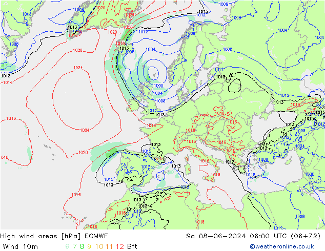 High wind areas ECMWF Sa 08.06.2024 06 UTC