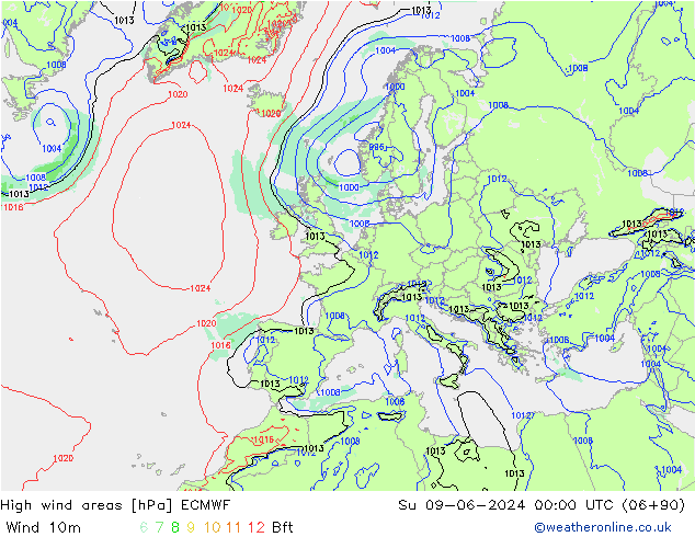 High wind areas ECMWF dom 09.06.2024 00 UTC