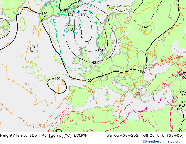 Height/Temp. 850 hPa ECMWF Mi 05.06.2024 09 UTC