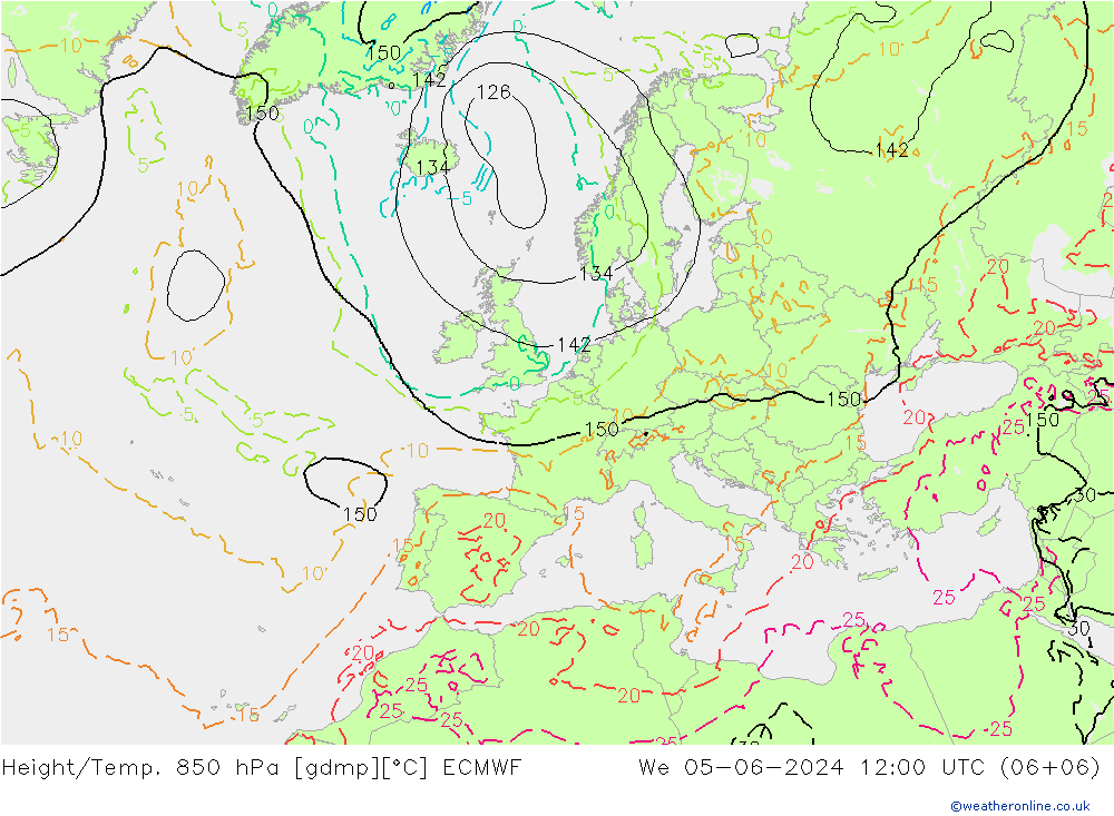 Z500/Rain (+SLP)/Z850 ECMWF mer 05.06.2024 12 UTC