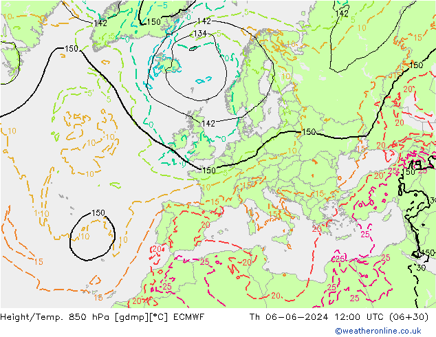 Height/Temp. 850 hPa ECMWF Th 06.06.2024 12 UTC