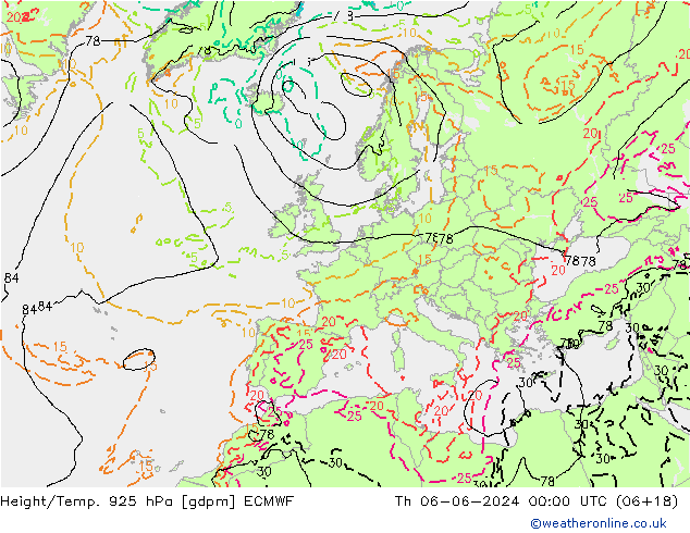 Height/Temp. 925 hPa ECMWF Qui 06.06.2024 00 UTC