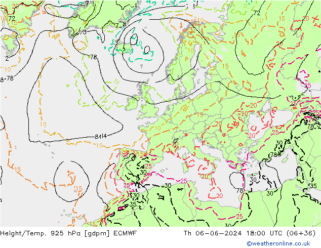 Height/Temp. 925 hPa ECMWF Th 06.06.2024 18 UTC