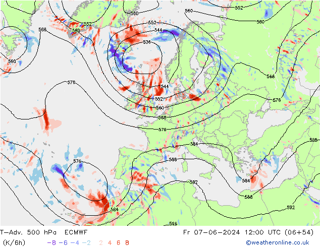 T-Adv. 500 hPa ECMWF Sex 07.06.2024 12 UTC