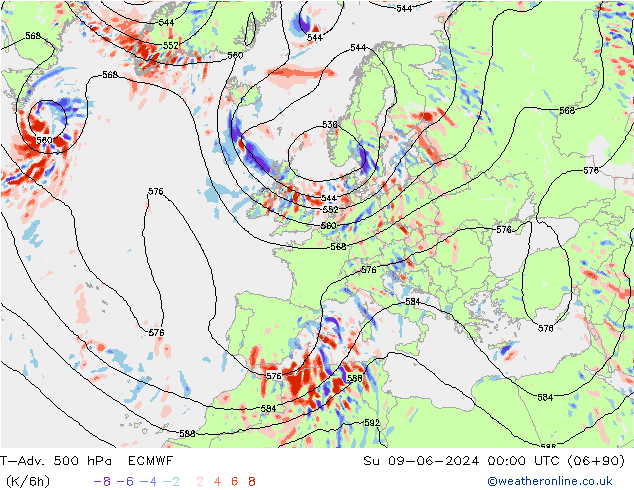 T-Adv. 500 hPa ECMWF Dom 09.06.2024 00 UTC