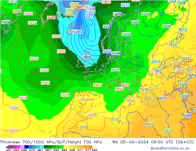 Thck 700-1000 hPa ECMWF St 05.06.2024 09 UTC