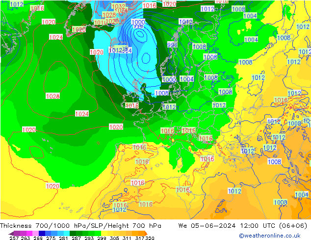 Thck 700-1000 hPa ECMWF mer 05.06.2024 12 UTC