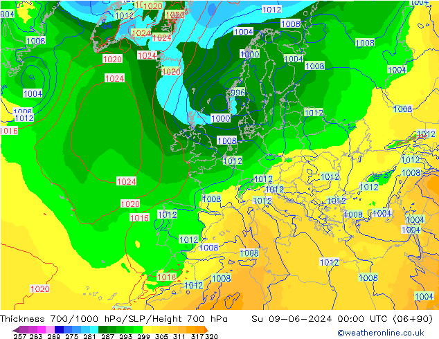 Thck 700-1000 hPa ECMWF Su 09.06.2024 00 UTC