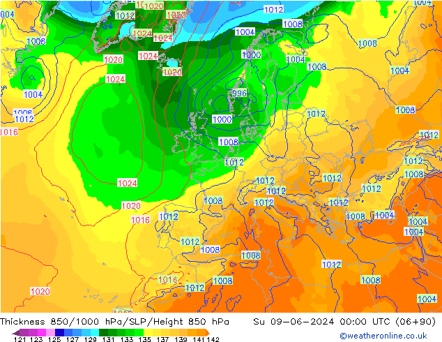 Thck 850-1000 hPa ECMWF Su 09.06.2024 00 UTC