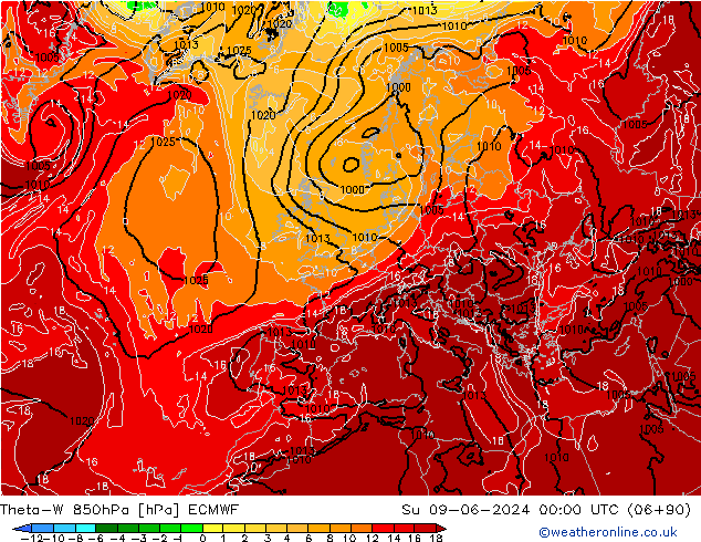 Theta-W 850гПа ECMWF Вс 09.06.2024 00 UTC