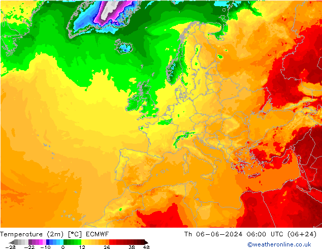 Temperature (2m) ECMWF Th 06.06.2024 06 UTC