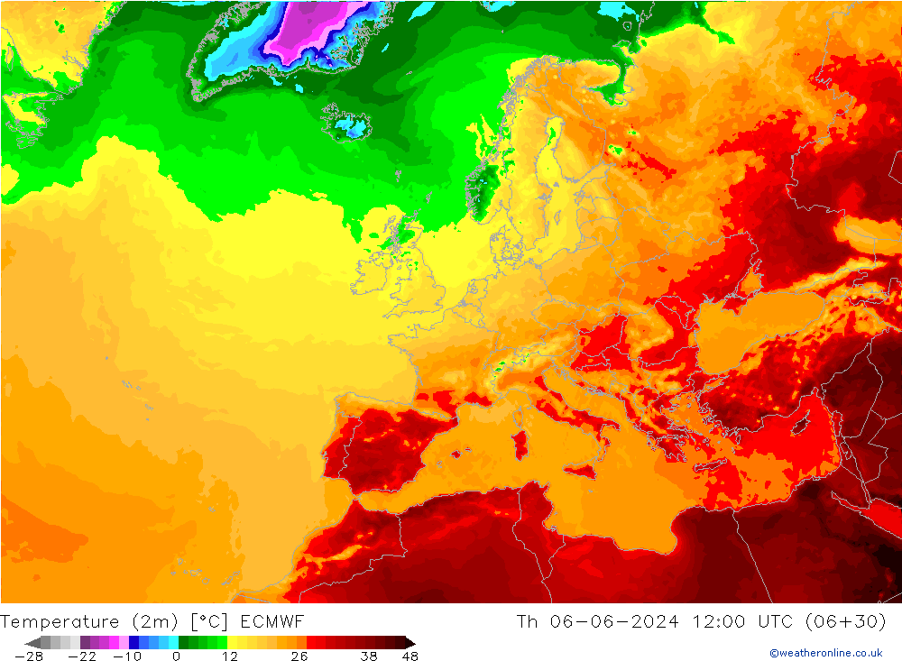 Temperatura (2m) ECMWF Qui 06.06.2024 12 UTC