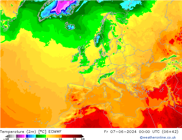 Temperature (2m) ECMWF Pá 07.06.2024 00 UTC