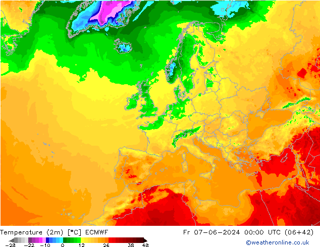 Temperatuurkaart (2m) ECMWF vr 07.06.2024 00 UTC