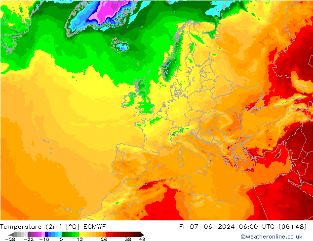 Temperatuurkaart (2m) ECMWF vr 07.06.2024 06 UTC