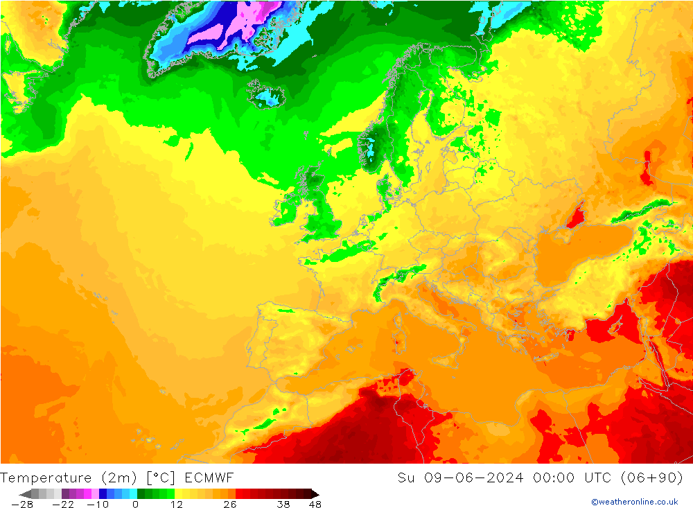 Temperatuurkaart (2m) ECMWF zo 09.06.2024 00 UTC