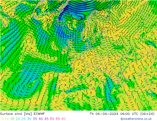 Vento 10 m ECMWF Qui 06.06.2024 06 UTC