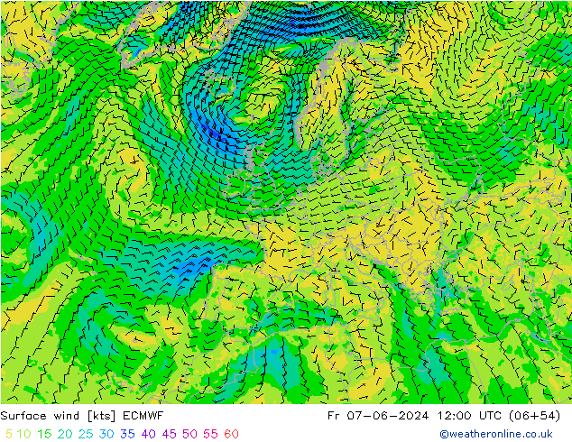 Surface wind ECMWF Fr 07.06.2024 12 UTC