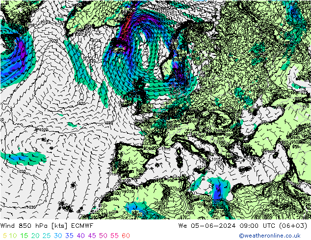 Wind 850 hPa ECMWF Mi 05.06.2024 09 UTC