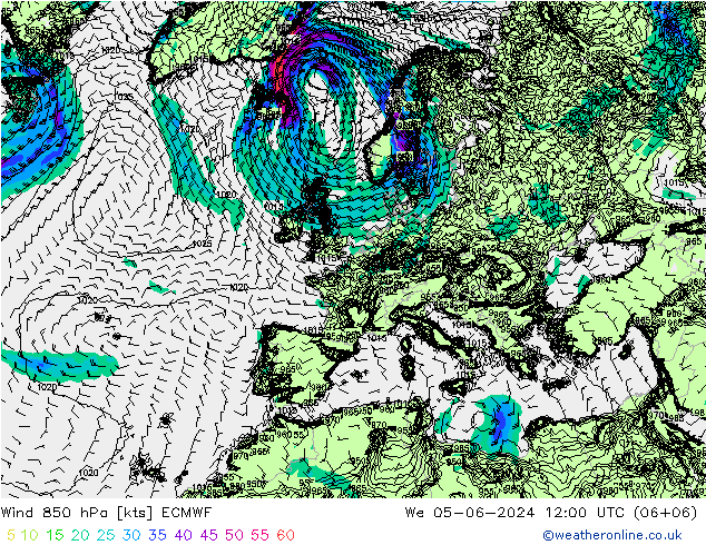 Wind 850 hPa ECMWF Mi 05.06.2024 12 UTC