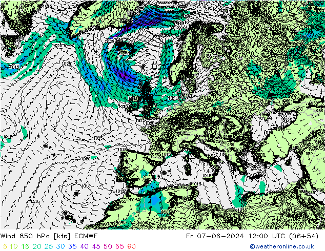 Vento 850 hPa ECMWF ven 07.06.2024 12 UTC