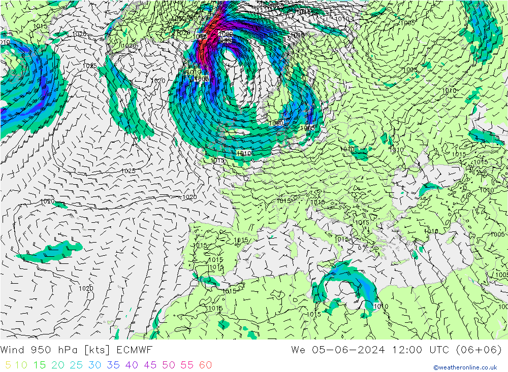 Vento 950 hPa ECMWF mer 05.06.2024 12 UTC