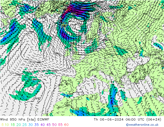 Wind 950 hPa ECMWF Do 06.06.2024 06 UTC