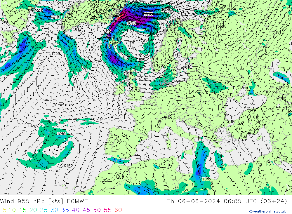 Wind 950 hPa ECMWF Th 06.06.2024 06 UTC