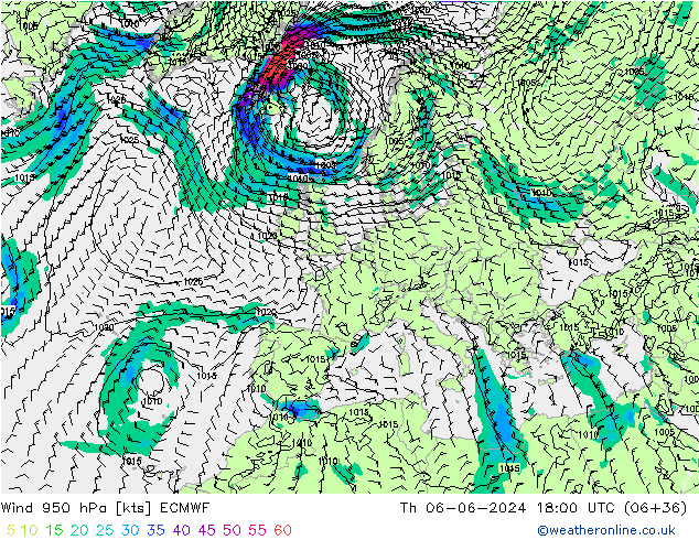 Wind 950 hPa ECMWF Th 06.06.2024 18 UTC