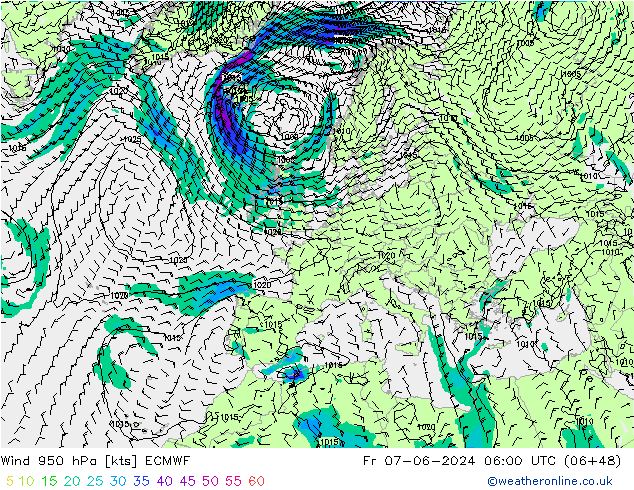 Vento 950 hPa ECMWF ven 07.06.2024 06 UTC