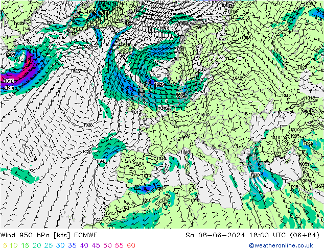 Wind 950 hPa ECMWF Sa 08.06.2024 18 UTC