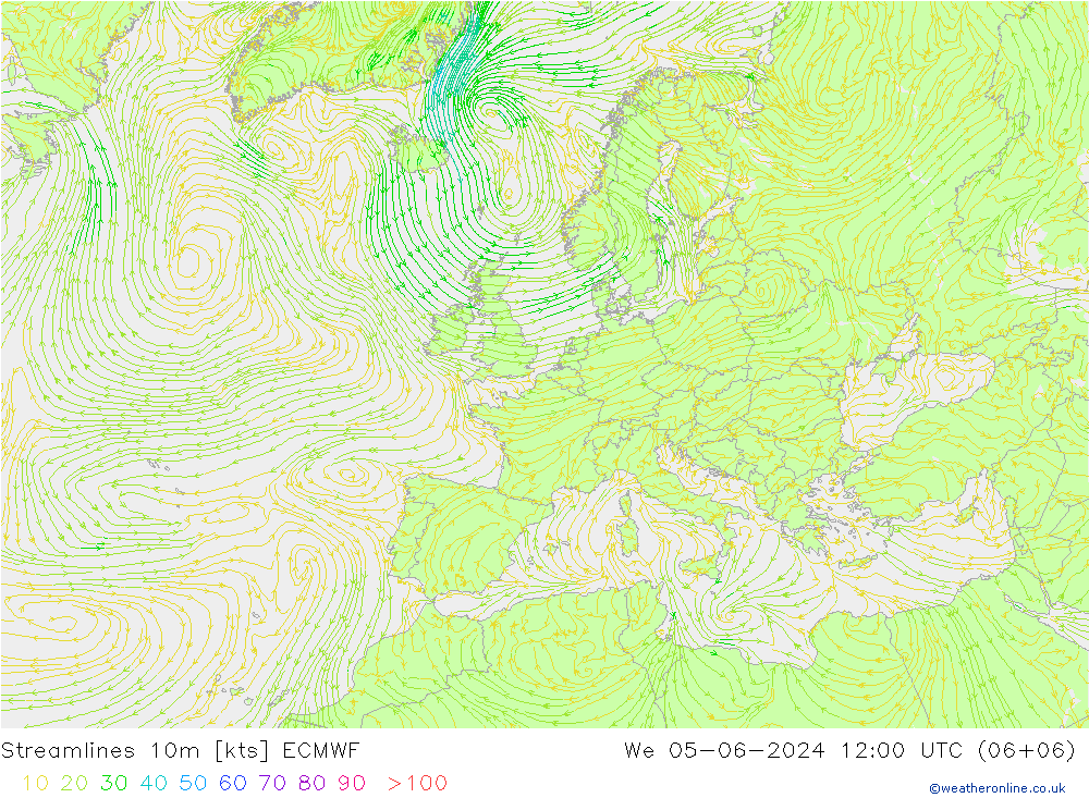 Streamlines 10m ECMWF We 05.06.2024 12 UTC