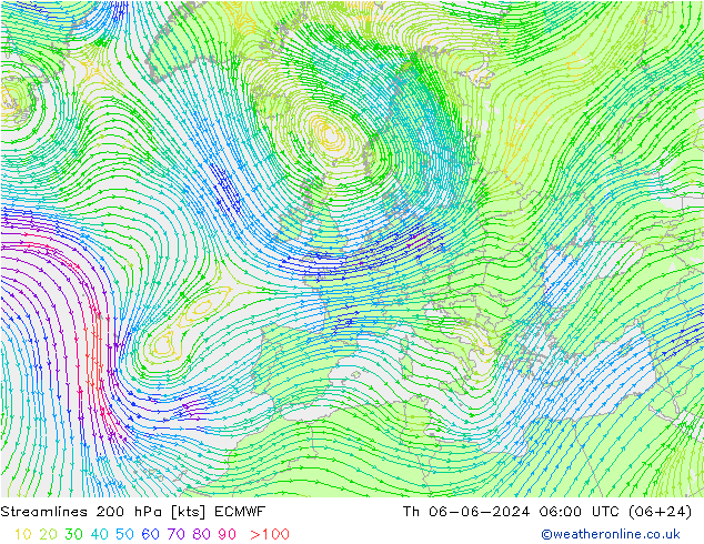 Streamlines 200 hPa ECMWF Th 06.06.2024 06 UTC