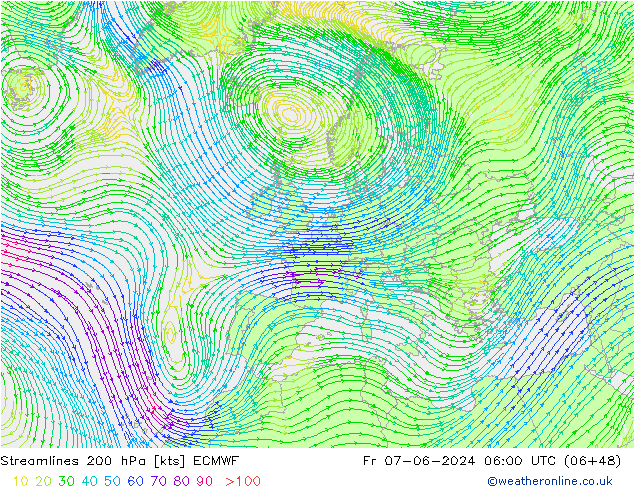 Stromlinien 200 hPa ECMWF Fr 07.06.2024 06 UTC